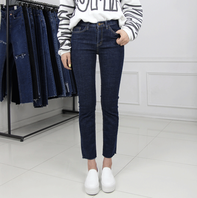 Women Jeans Pants Duckle Blue Hem Cutting Date Jea