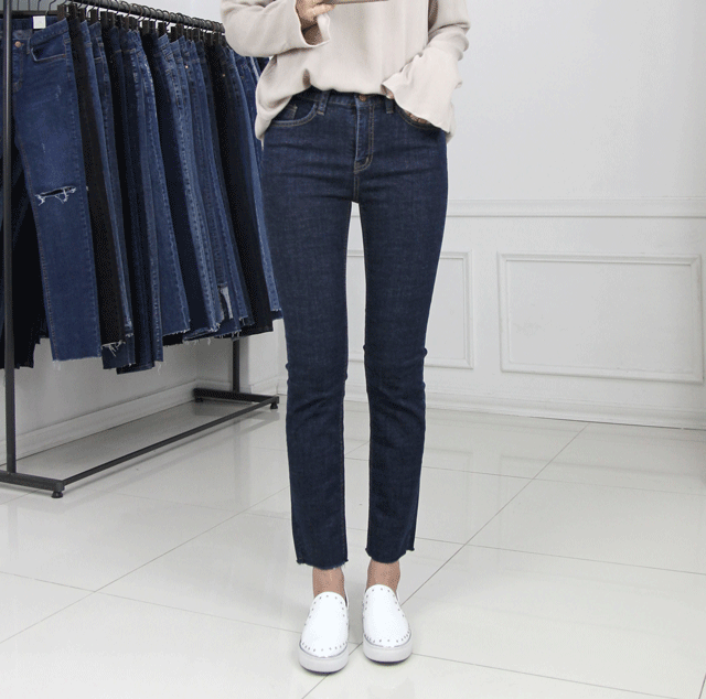 Women Jeans Pants Duckle Blue Hem Cutting Date Jea