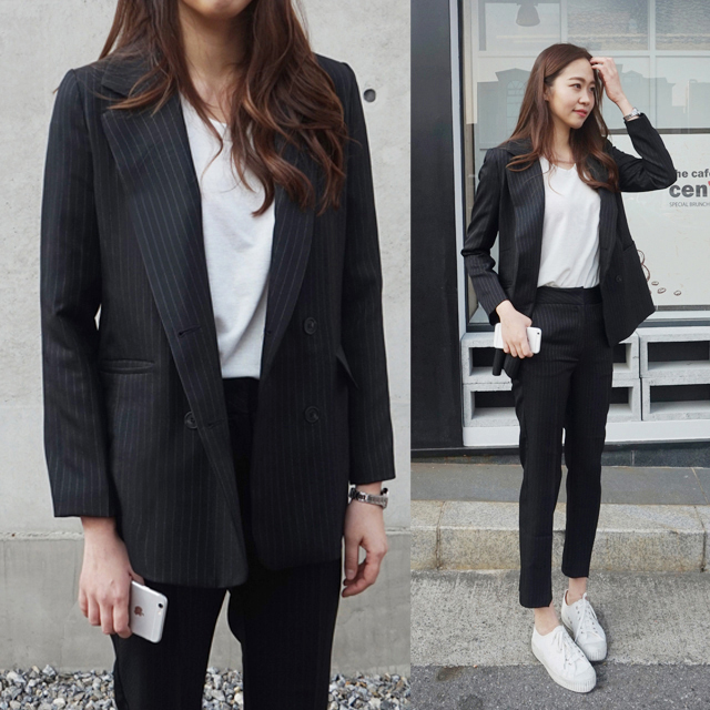 스트라이프 자켓 바지 봄 가을 여성정장 세트 여자세미정장 투피스 면접복장 여자셋업 수트