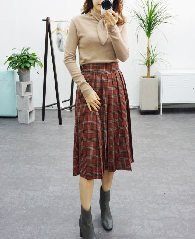 Check Pleated Winter Long Skirt Brushed Lining 2 C