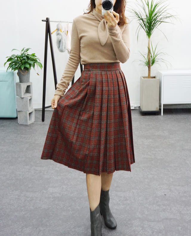 Check Pleated Winter Long Skirt Brushed Lining 2 C