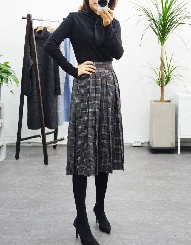 Check Pleated Winter Long Skirt Brushed Lining 2 C