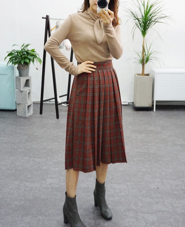 Check Pleated Winter Long Skirt Brushed Lining 2 C