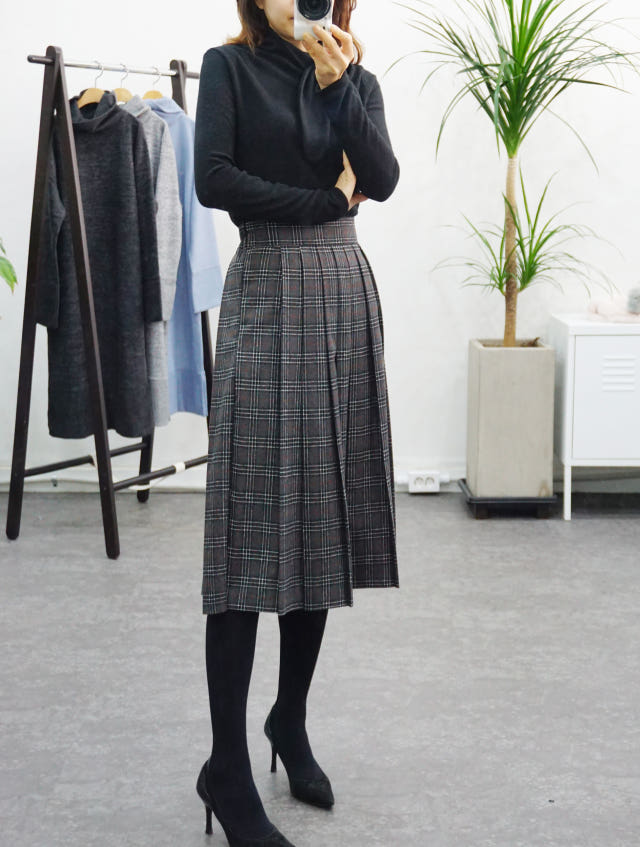 Check Pleated Winter Long Skirt Brushed Lining 2 C