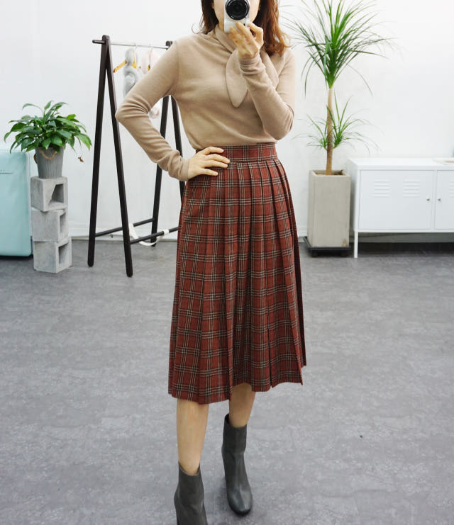 Check Pleated Winter Long Skirt Brushed Lining 2 C