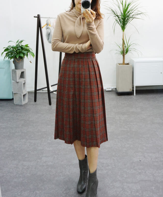 Check Pleated Winter Long Skirt Brushed Lining 2 C