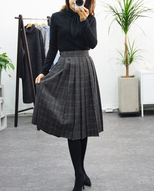 Check Pleated Winter Long Skirt Brushed Lining 2 C