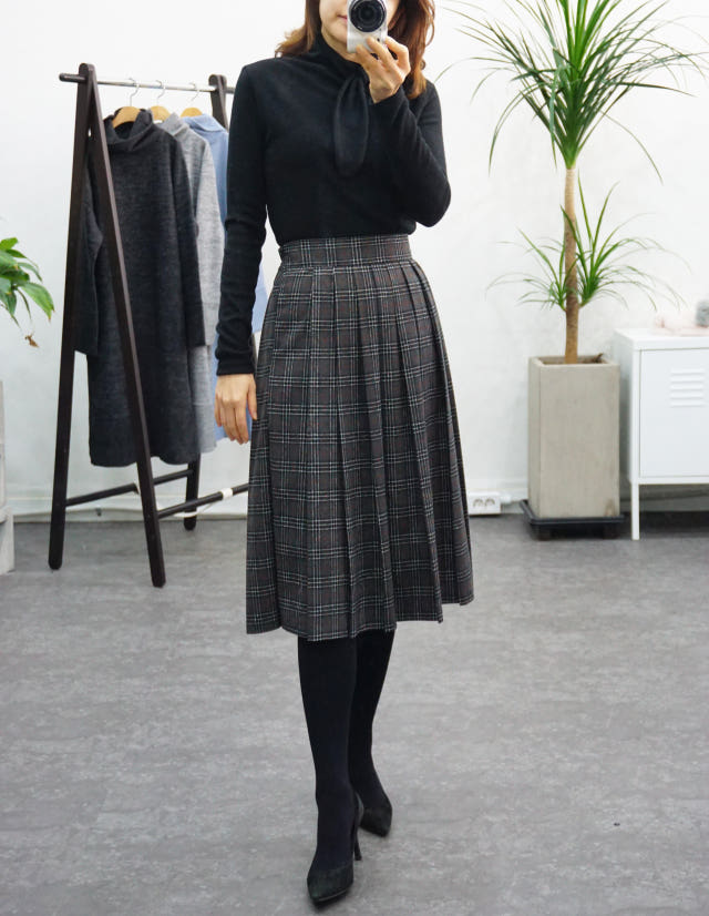 Check Pleated Winter Long Skirt Brushed Lining 2 C