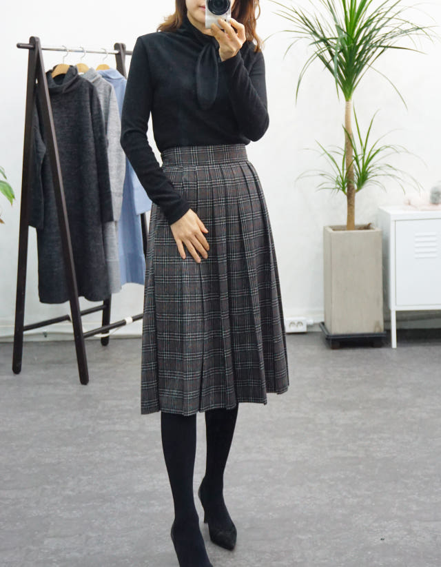 Check Pleated Winter Long Skirt Brushed Lining 2 C