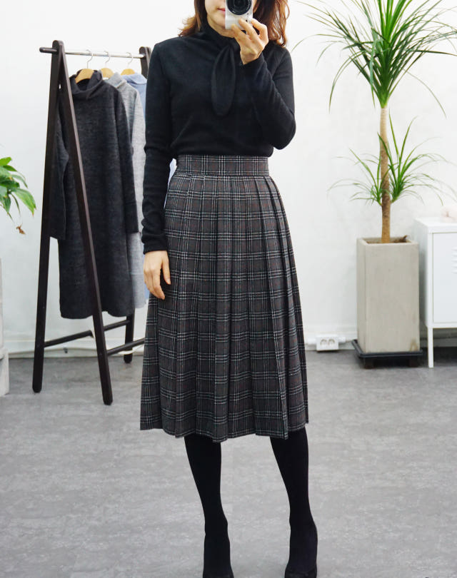 Check Pleated Winter Long Skirt Brushed Lining 2 C