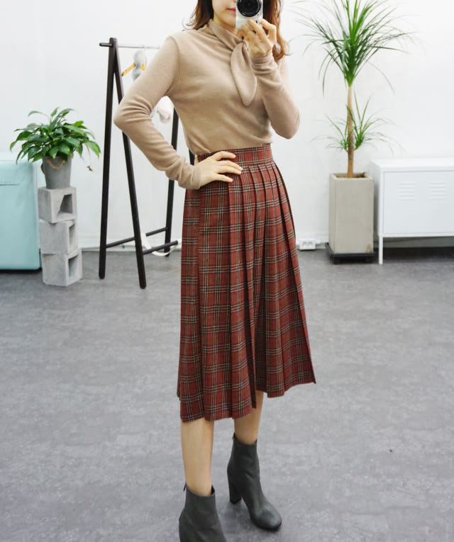 Check Pleated Winter Long Skirt Brushed Lining 2 C
