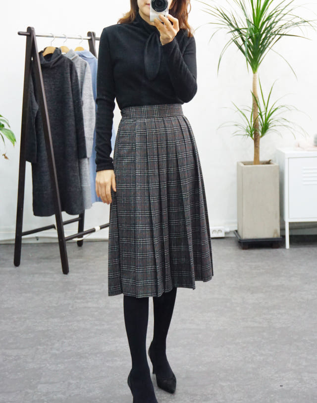 Check Pleated Winter Long Skirt Brushed Lining 2 C