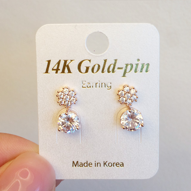 14K 골드핀 꽃 더블 큐빅 금침귀걸이 웨딩쥬얼리 - 메인 이미지
