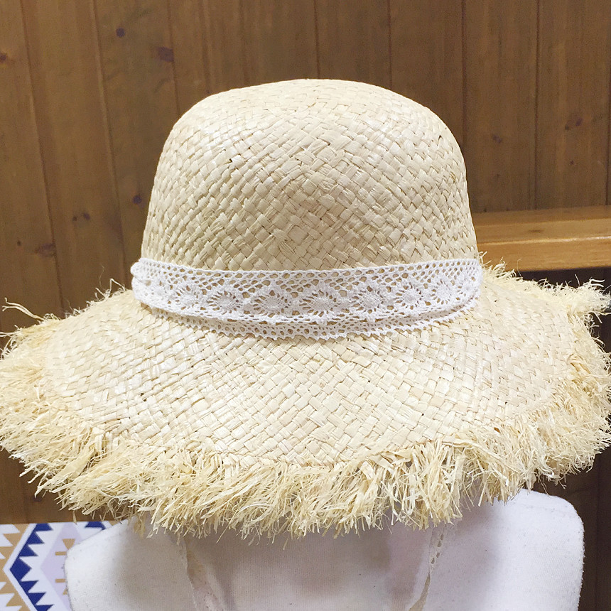 New Hat Lace Ribbon Raffia straw bucket Hat Women&