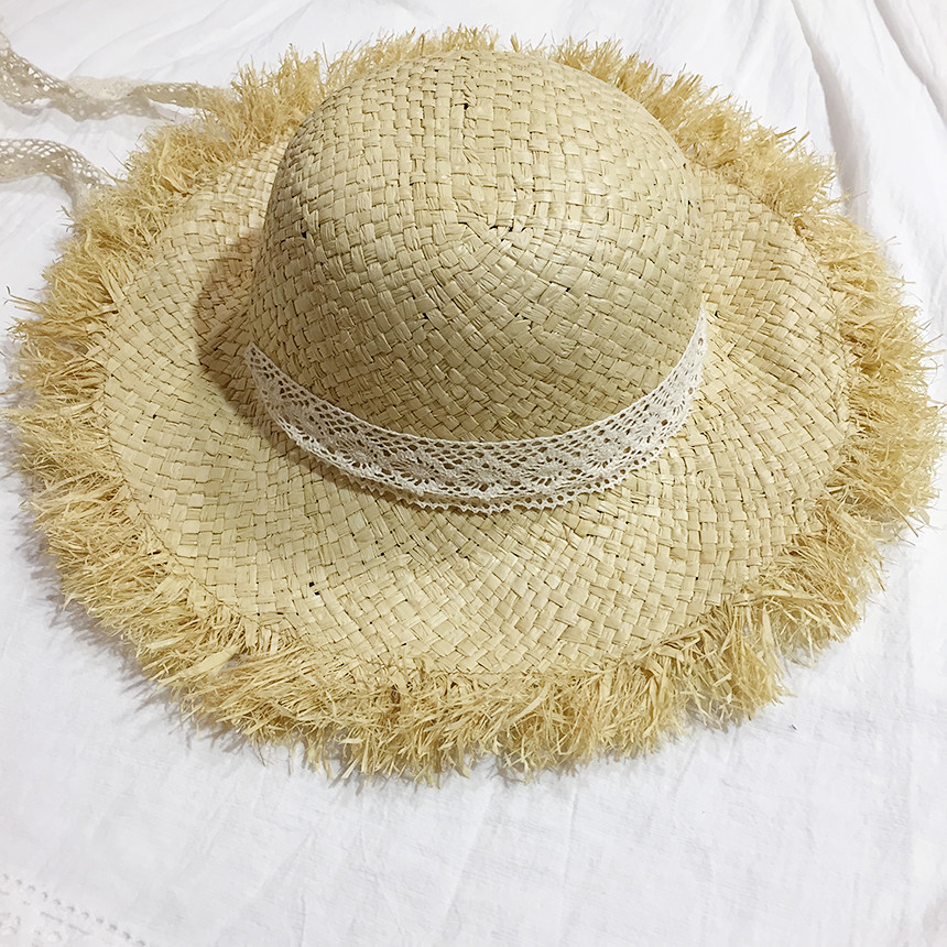 New Hat Lace Ribbon Raffia straw bucket Hat Women&