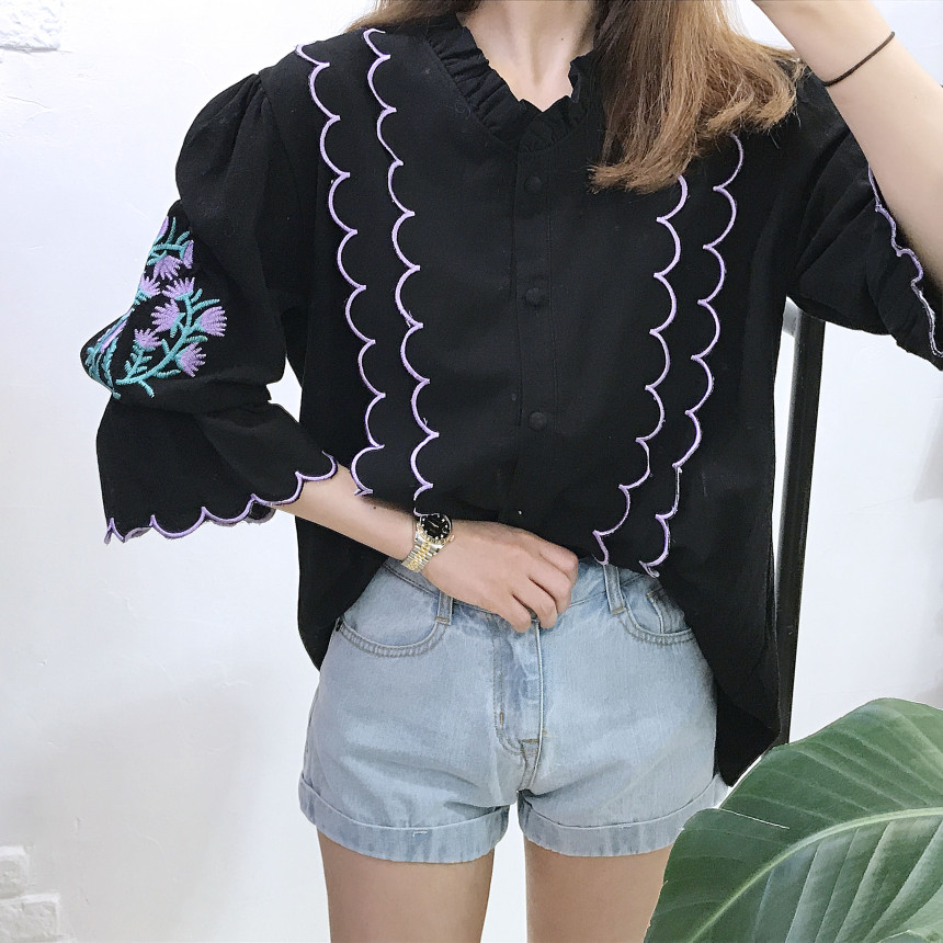 NEW FASHION LADY GIRL Blouse Wave embroidery blous