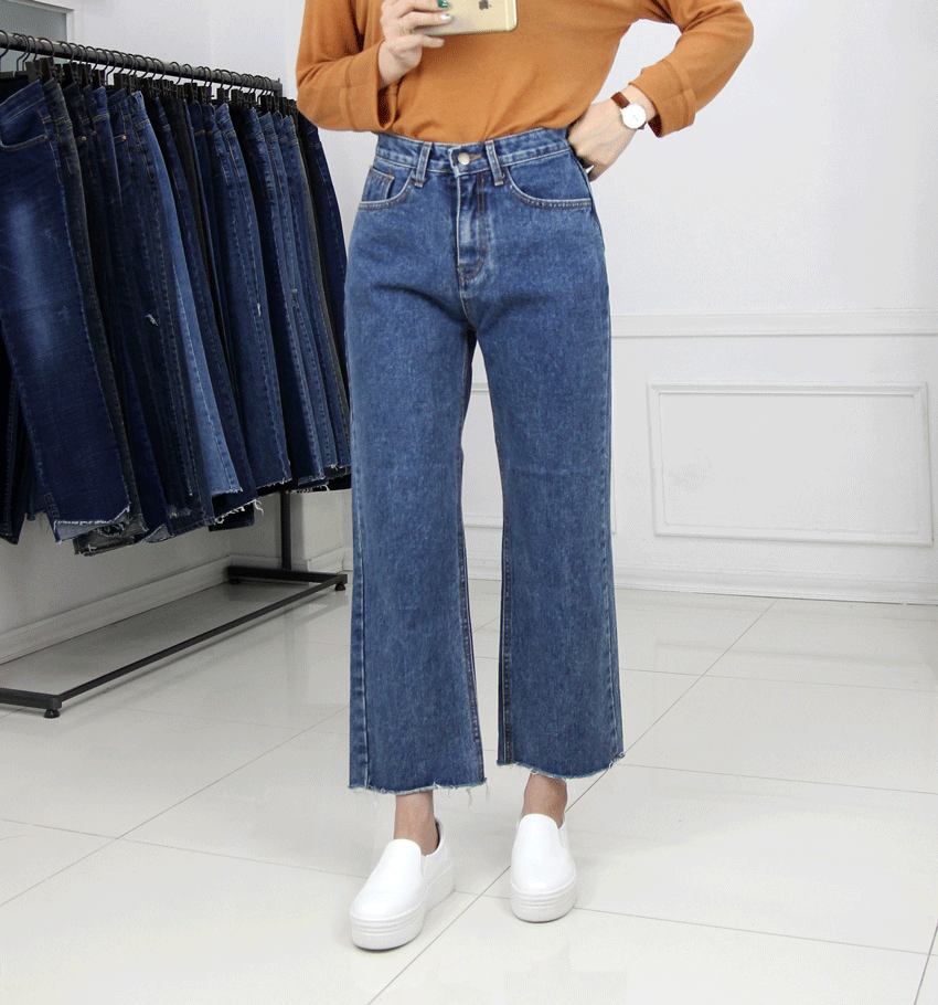 Korea Jeans Pants Hem Cut Pants Denim Wide Pants J