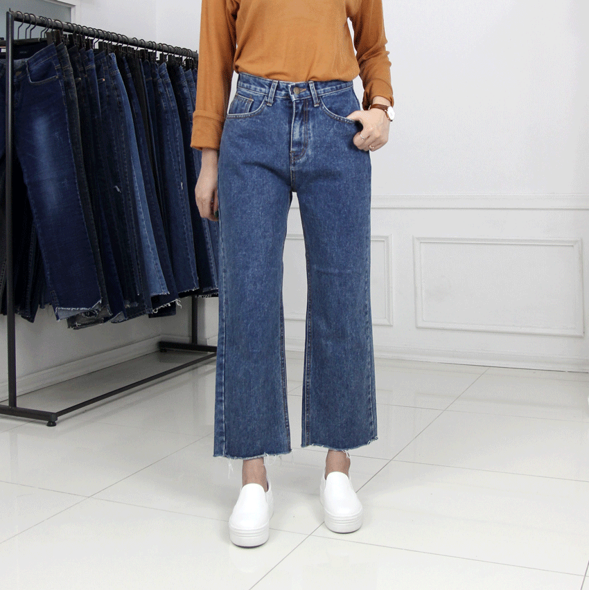 Korea Jeans Pants Hem Cut Pants Denim Wide Pants J