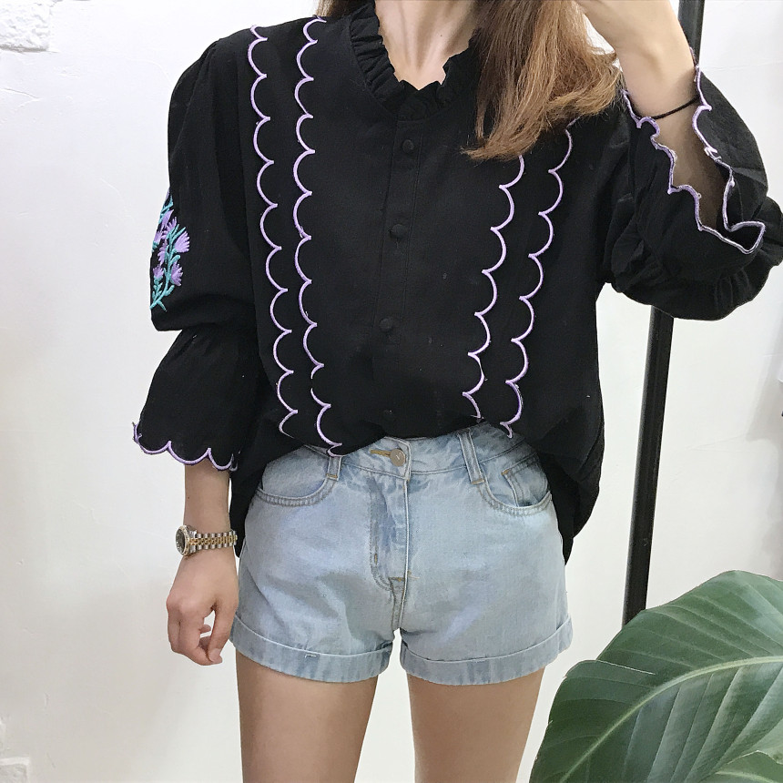 NEW FASHION LADY GIRL Blouse Wave embroidery blous