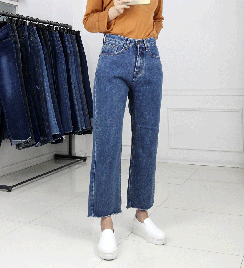 Korea Jeans Pants Hem Cut Pants Denim Wide Pants J