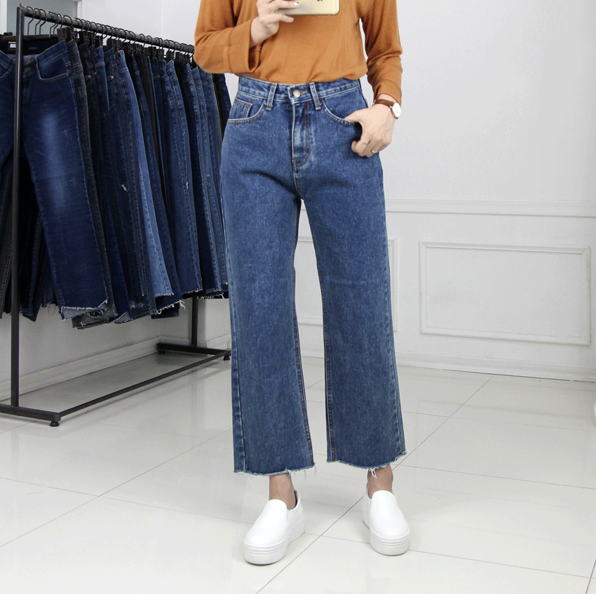 Korea Jeans Pants Hem Cut Pants Denim Wide Pants J
