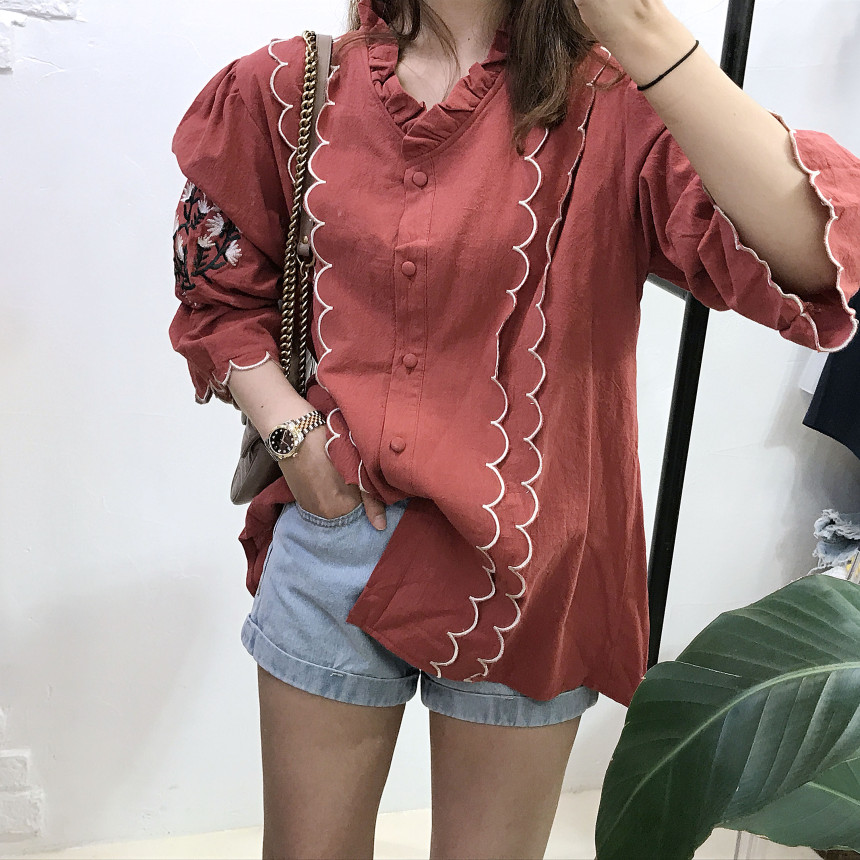 NEW FASHION LADY GIRL Blouse Wave embroidery blous