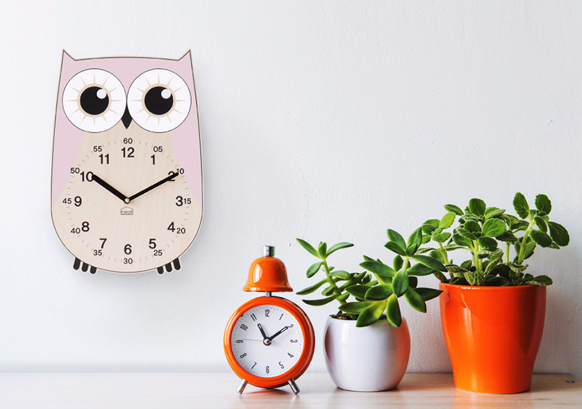 Pink owl pink silence wall clock design easy to re
