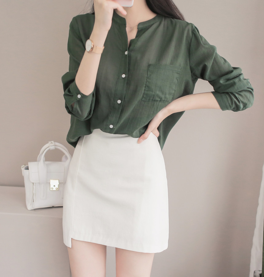 NEW FASHION LADY GIRL Blouse Henley Neck Basic