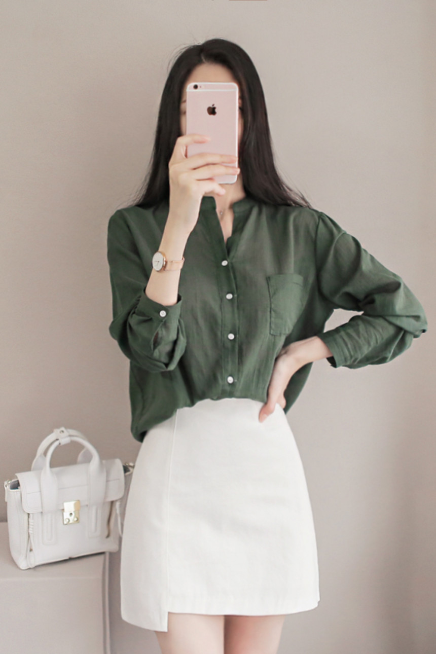 NEW FASHION LADY GIRL Blouse Henley Neck Basic