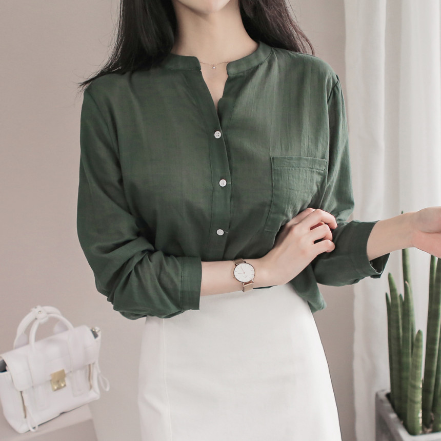 NEW FASHION LADY GIRL Blouse Henley Neck Basic