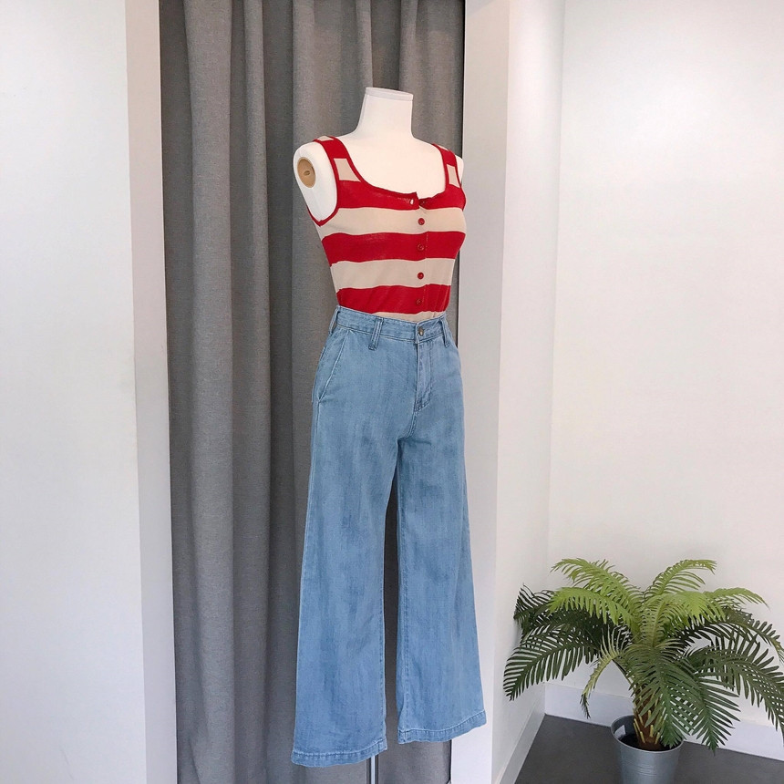 Cropped Top Collar Knit Button 2color Striped Slee