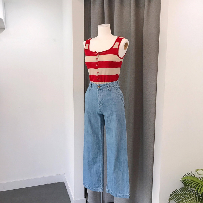 Cropped Top Collar Knit Button 2color Striped Slee