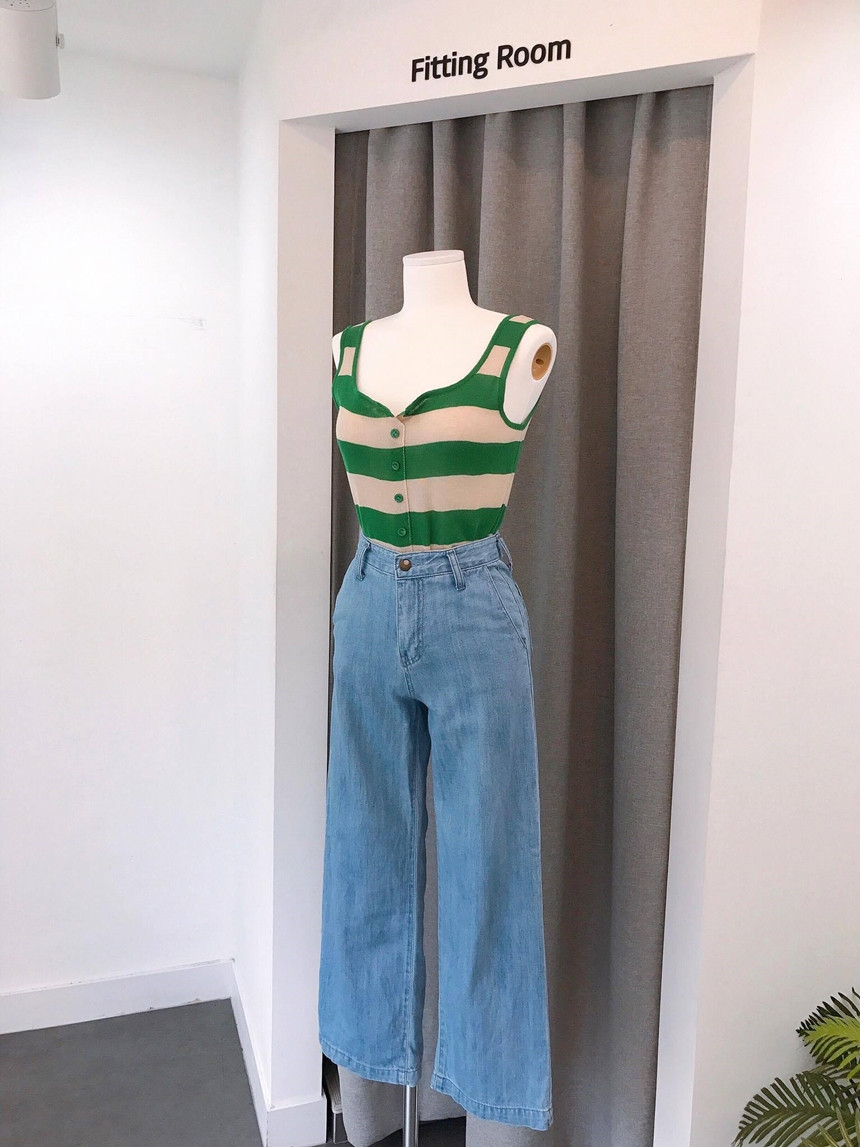 Cropped Top Collar Knit Button 2color Striped Slee