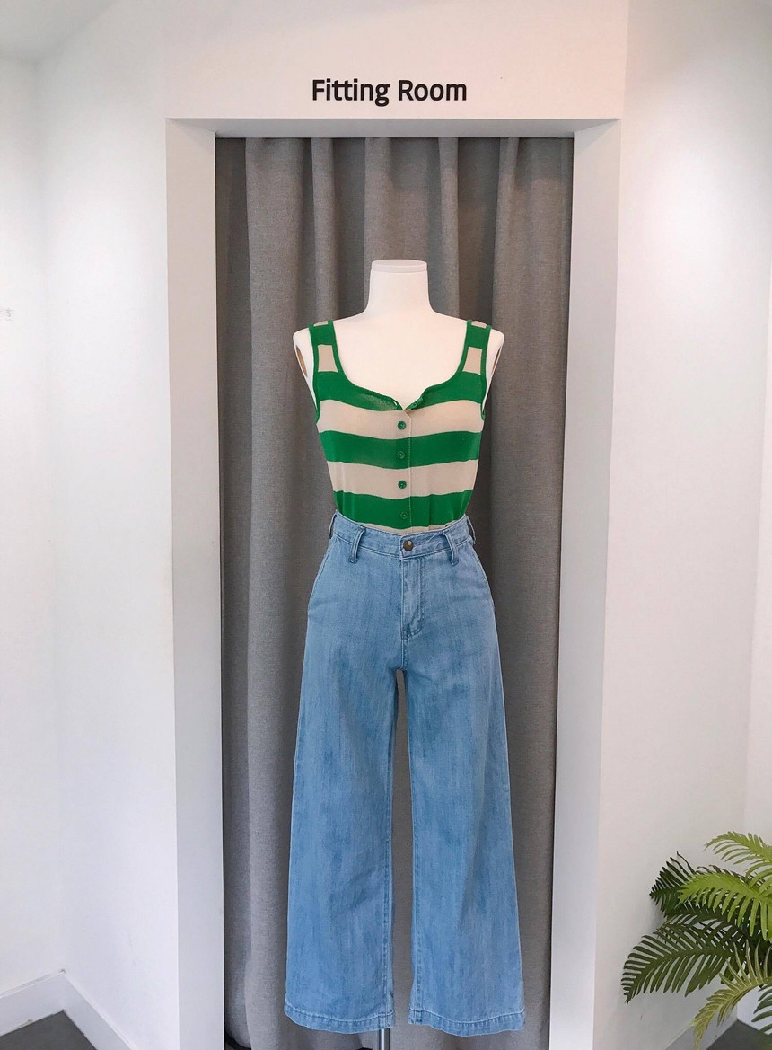 Cropped Top Collar Knit Button 2color Striped Slee