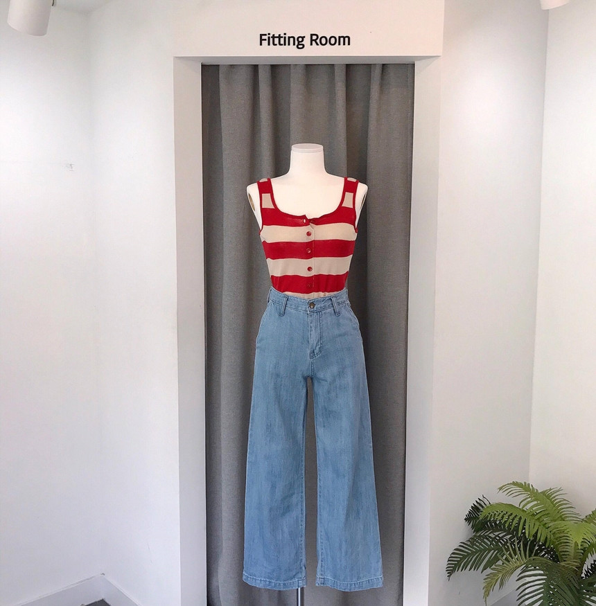 Cropped Top Collar Knit Button 2color Striped Slee