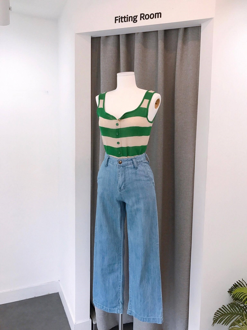 Cropped Top Collar Knit Button 2color Striped Slee