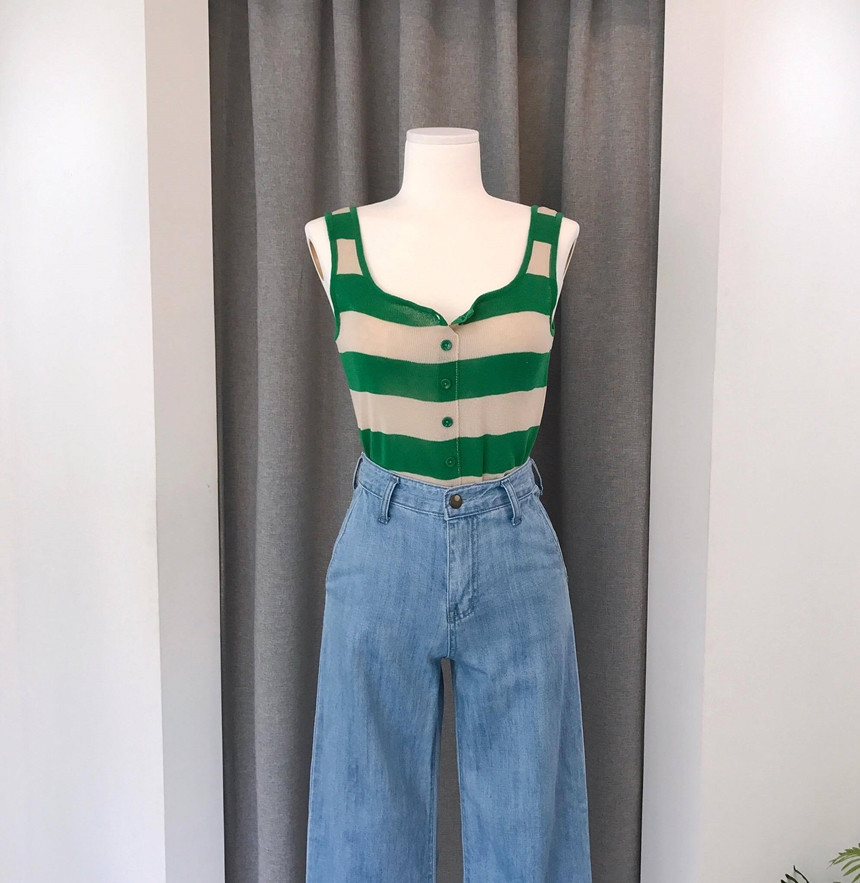 Cropped Top Collar Knit Button 2color Striped Slee