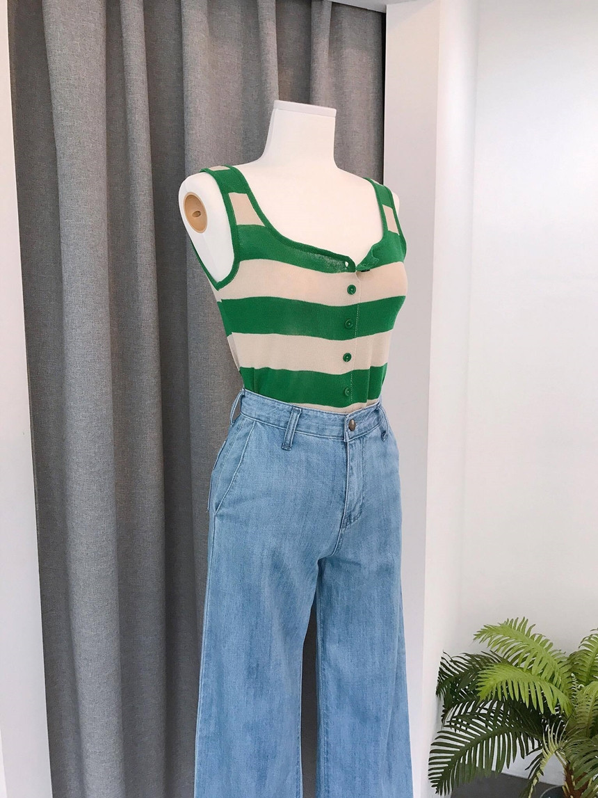 Cropped Top Collar Knit Button 2color Striped Slee