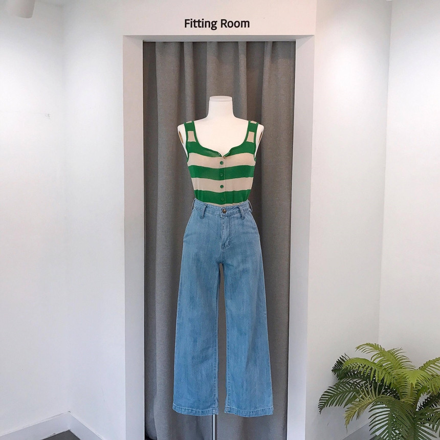 Cropped Top Collar Knit Button 2color Striped Slee