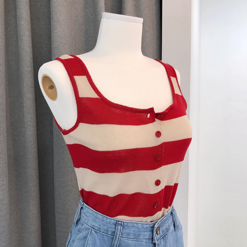Cropped Top Collar Knit Button 2color Striped Slee