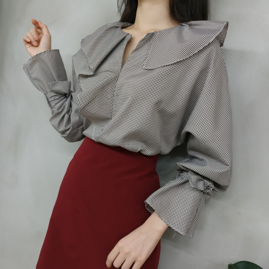 NEW FASHION LADY GIRL Blouse Ruffle Check Blouse
