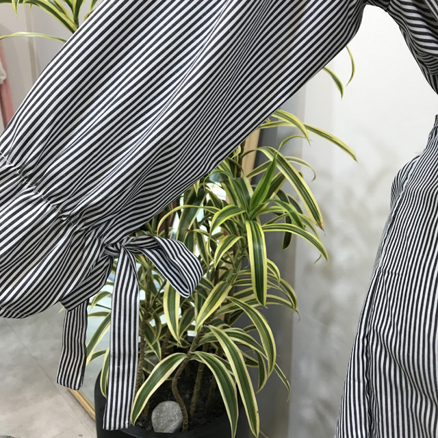 New V Neck Stripe Shirt Wrap Dress Black Mini Autu