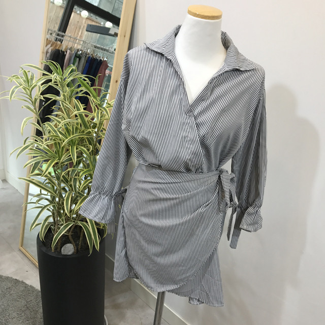 New V Neck Stripe Shirt Wrap Dress Black Mini Autu
