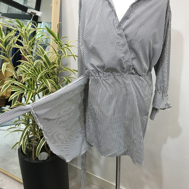 New V Neck Stripe Shirt Wrap Dress Black Mini Autu