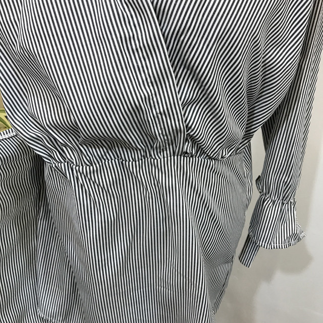 New V Neck Stripe Shirt Wrap Dress Black Mini Autu