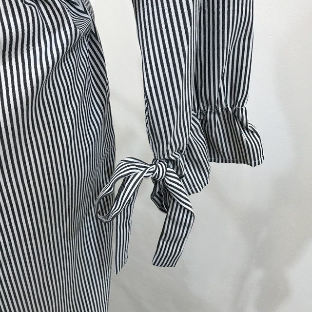 New V Neck Stripe Shirt Wrap Dress Black Mini Autu