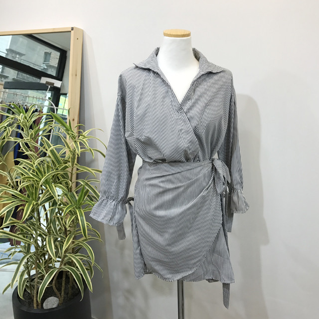 New V Neck Stripe Shirt Wrap Dress Black Mini Autu