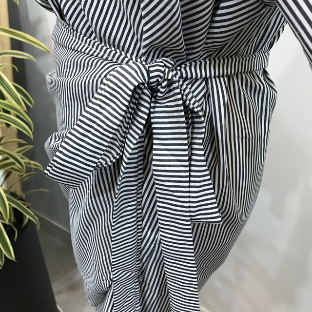 New V Neck Stripe Shirt Wrap Dress Black Mini Autu