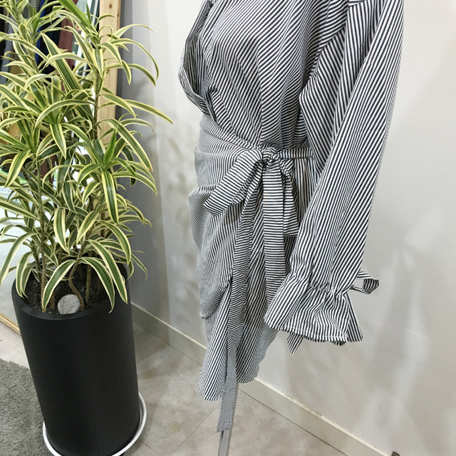 New V Neck Stripe Shirt Wrap Dress Black Mini Autu