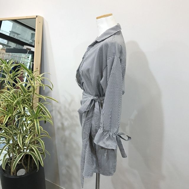 New V Neck Stripe Shirt Wrap Dress Black Mini Autu